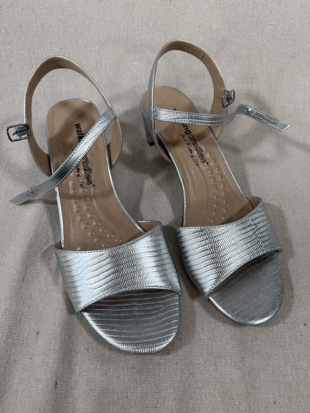 Walking Cradles Liza Silver Lizard Print Block Heel Sandals